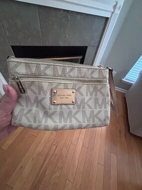 Michael Kors Beige Logo Wristlet with Gold Plate